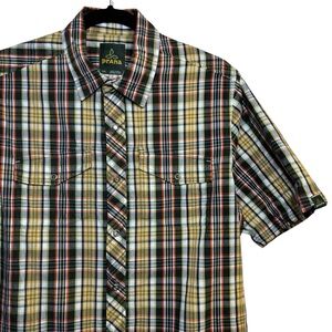 prAna Men’s Small‎ Green Plaid Organic Cotton Short Sleeve Snap Button Shirt